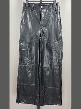 NEW Aeropostale Pants Womens XS black faux leather cargo wide leg preppy moto